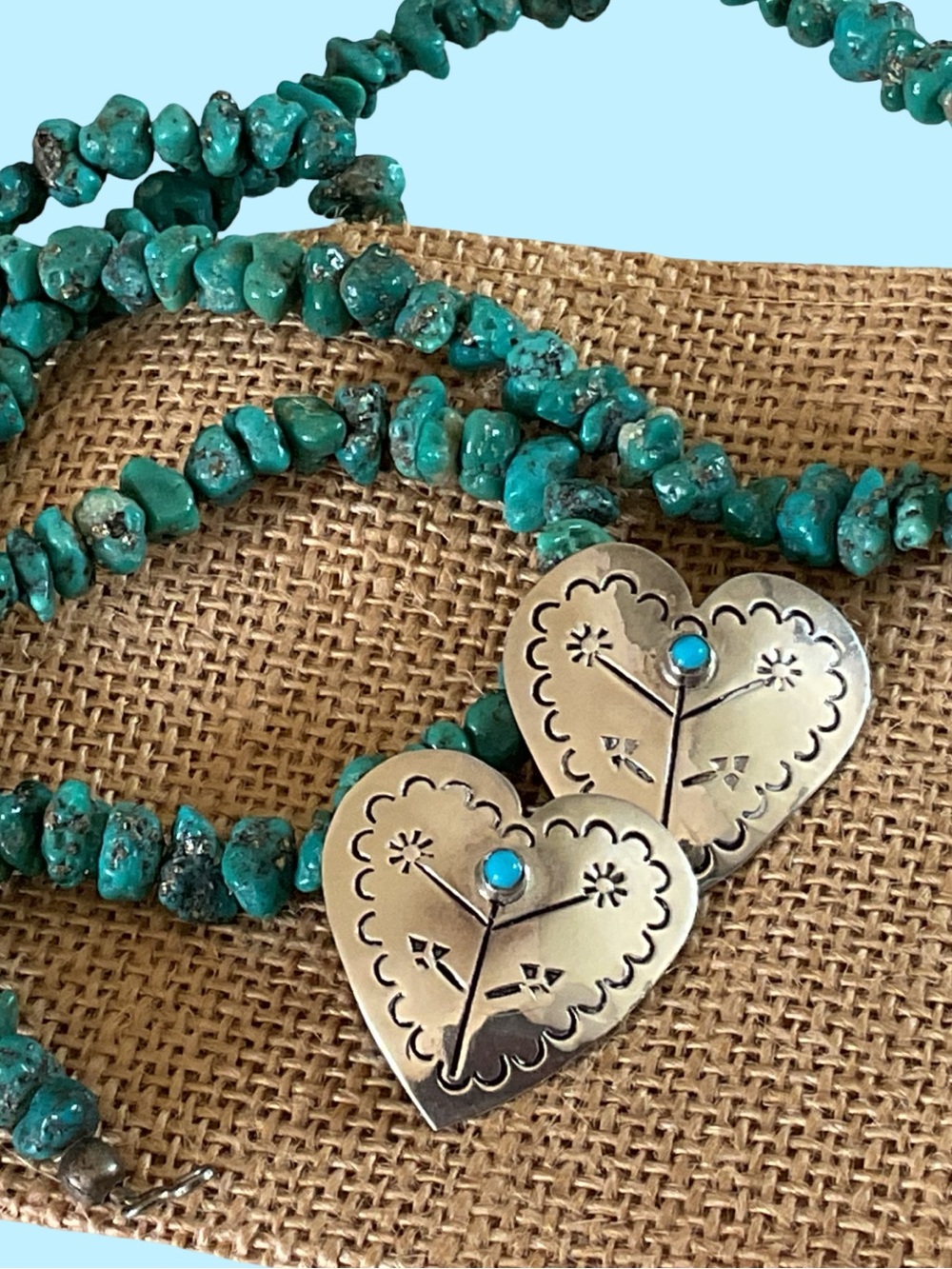 VINTAGE MEXICO STERLING SILVER LARGE TURQUOISE HEART EARRINGS - SIGNED